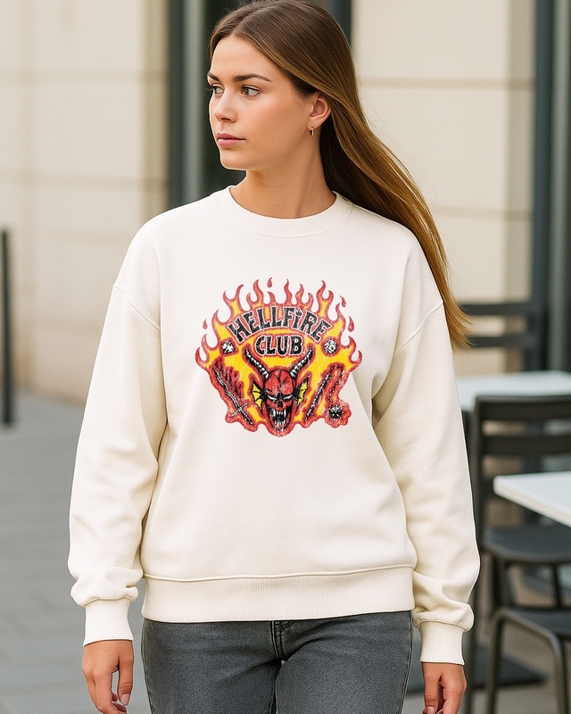 Shop Women's Beige Hellfire Club Graphic Printed Oversized Sweatshirt-Front