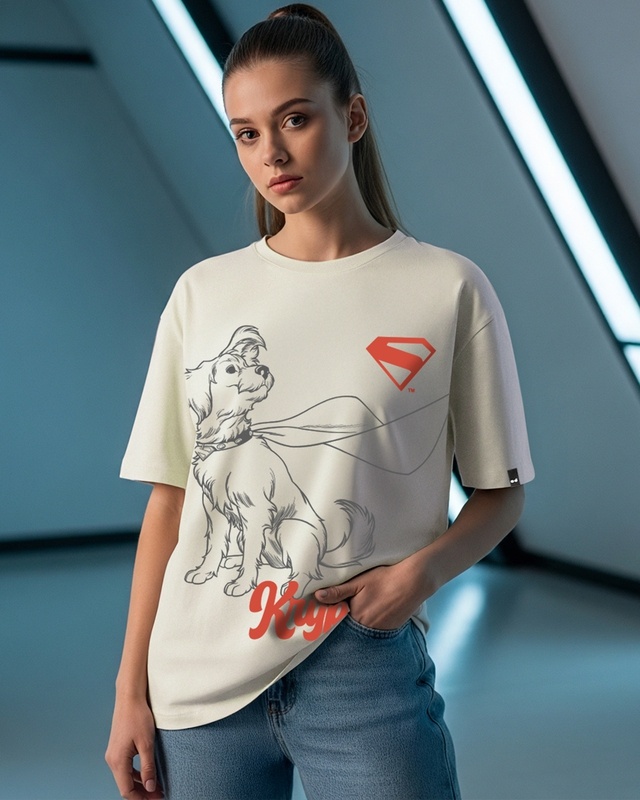 Shop Women's Beige Krypto Graphic Printed Oversized T-shirt-Front