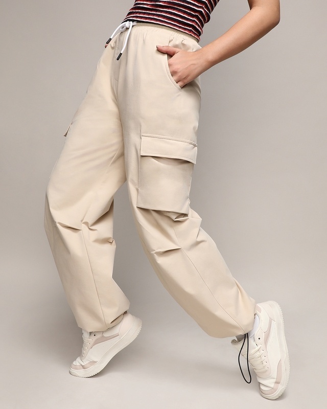 Shop Women's Beige Loose Comfort Fit Cargo Parachute Pants-Front