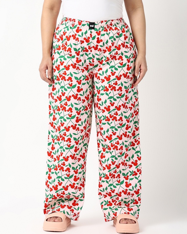 Shop Women's Beige Mickey All Over Printed Plus Size Wide Leg Pyjamas-Front