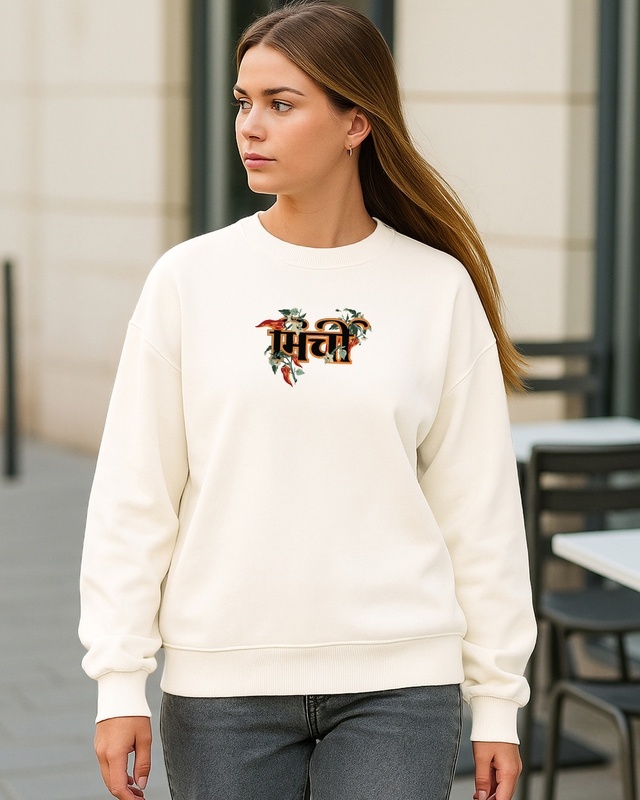 Shop Women's Beige Mirchi Graphic Printed Oversized Sweatshirt-Front