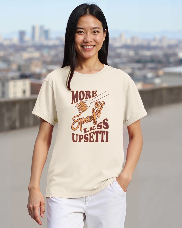 Shop Women's Beige More Spaghetti Graphic Printed Boyfriend T-shirt-Front
