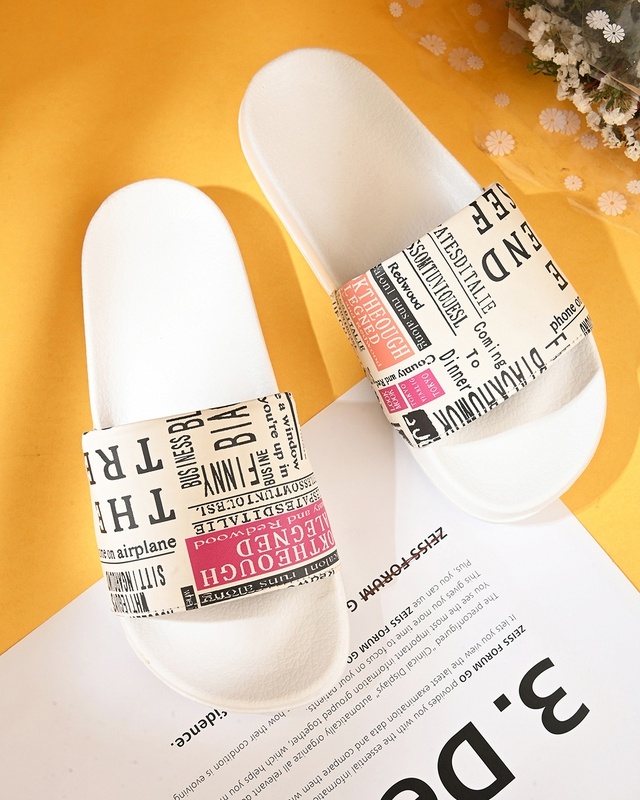 Shop Women's Beige Newspaper Printed Sliders-Front