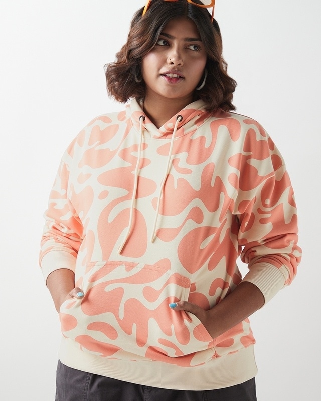 Shop Women's Beige & Orange All Over Printed Oversized Plus Size Hoodies-Front