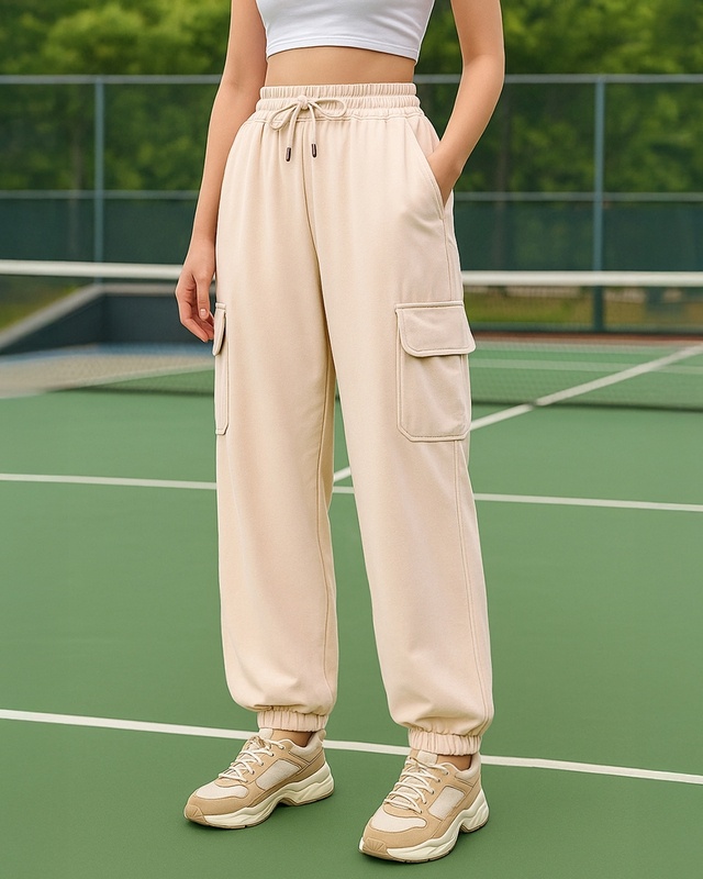 Shop Women's Beige Oversize Cargo Joggers-Front