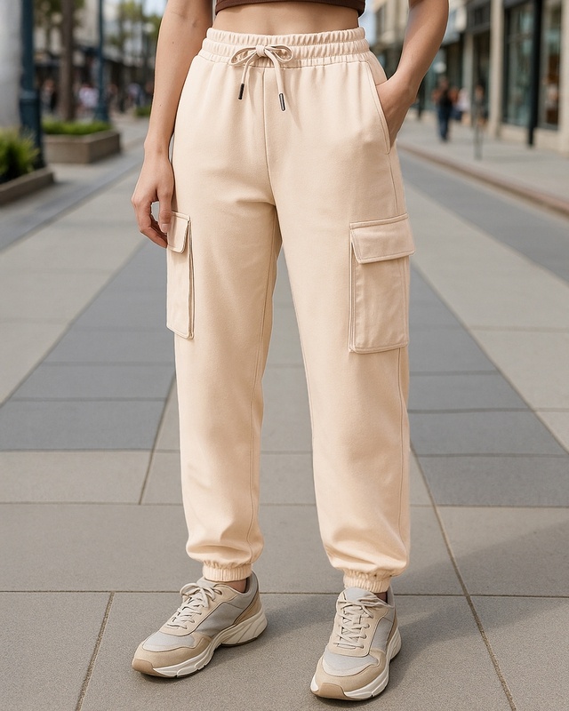 Shop Women's Beige Oversize Cargo Joggers-Front