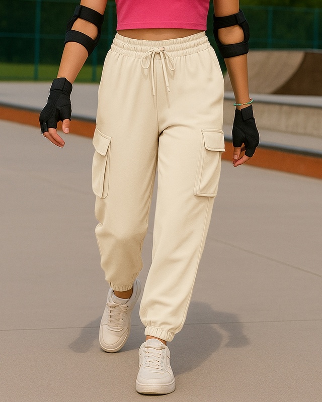Shop Women's Beige Oversized Cargo Joggers-Front