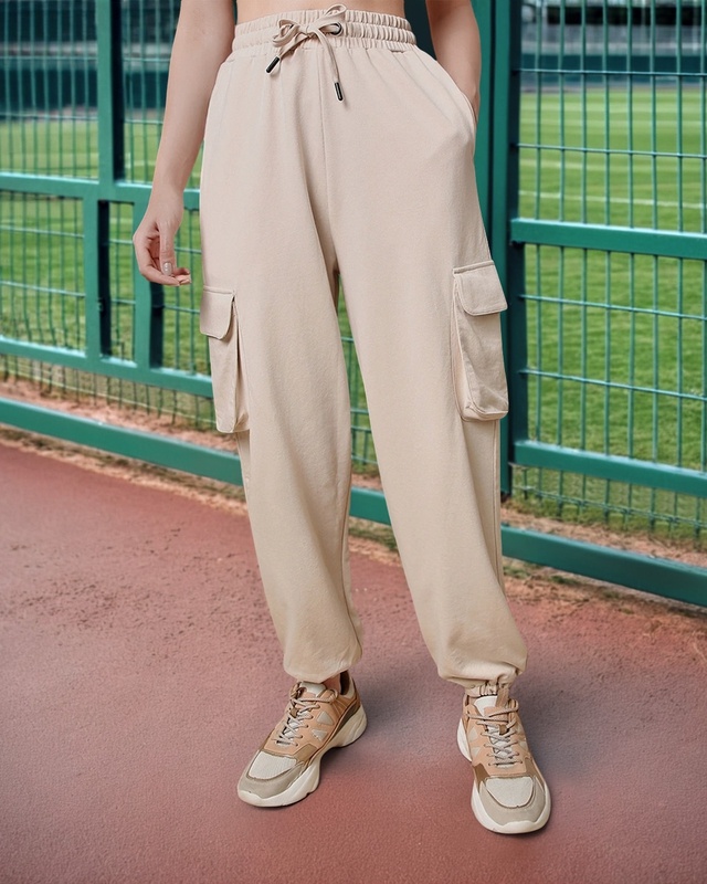 Shop Women's Beige Oversized Plus Size Cargo Joggers-Front