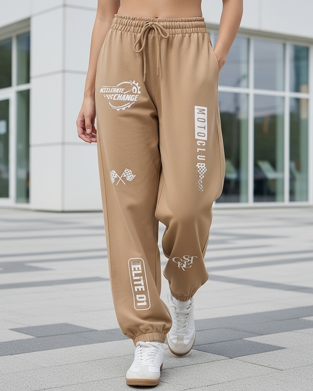 Shop Women's Beige Typography Super Loose Fit Joggers-Front