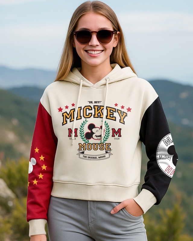 Shop Women's Beige & Salsa Red Mickey Graphic Printed Oversized Crop Hoodies-Front