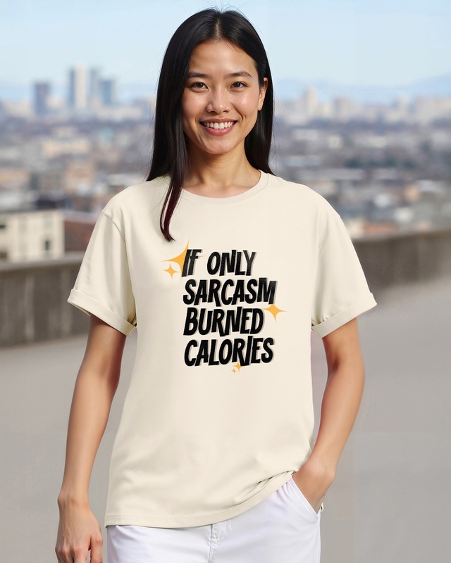 Shop Women's Beige Sarcasm Typography Boyfriend T-shirt-Front