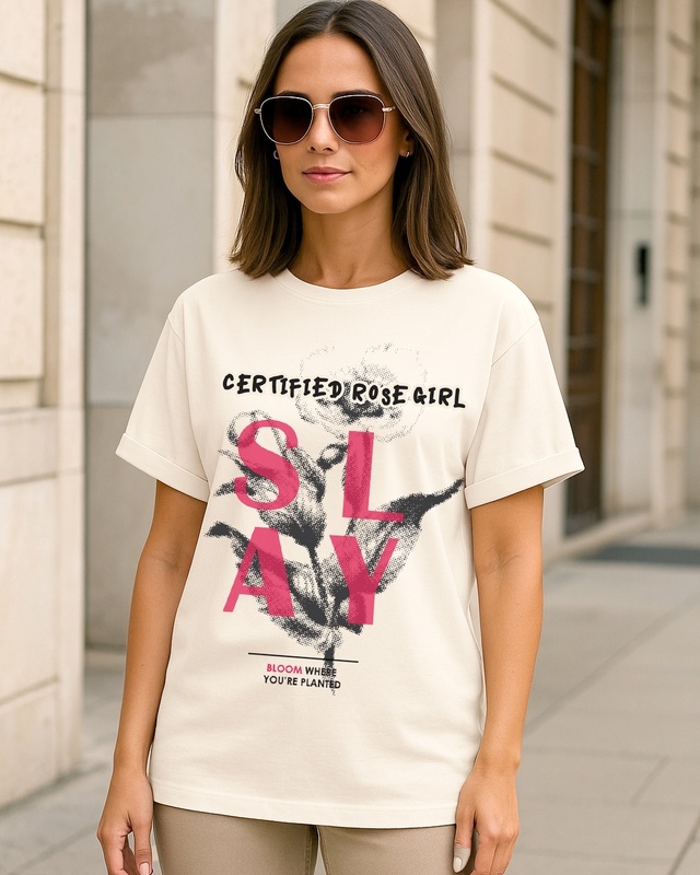 Women's Beige Slay Graphic Printed Boyfriend T-shirt-Front Bewakoof Shop Women's Beige Slay Graphic Printed Boyfriend T-shirt-Front