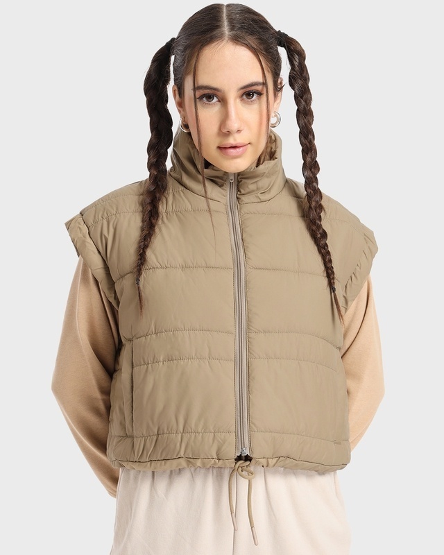 Shop Women's Beige Sleeveless Oversized Puffer Jacket-Front