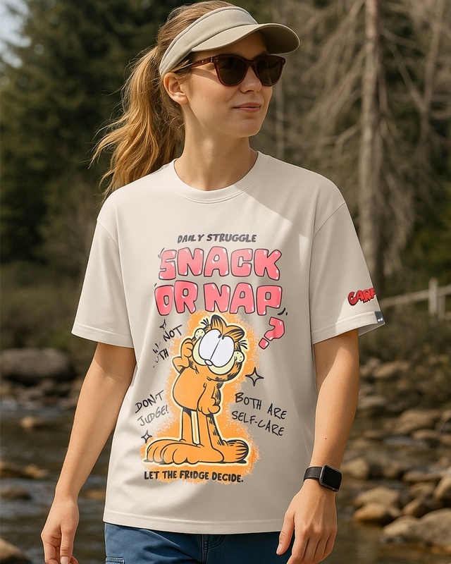 Women's Beige Snack Or Nap Graphic Printed Oversized T-shirt