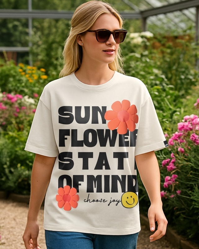 Women's Beige Sunflower State Of Mind Graphic Printed Oversized T-shirt