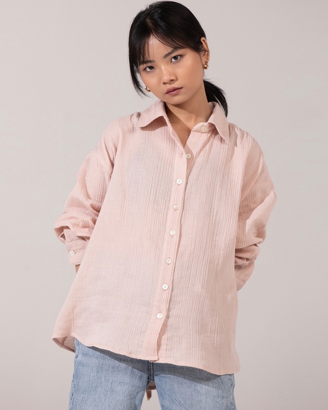 Shop Women's Beige Textured Oversized Shirt-Front