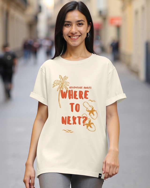 Shop Women's Beige Where To Next Graphic Printed Boyfriend T-shirt-Front