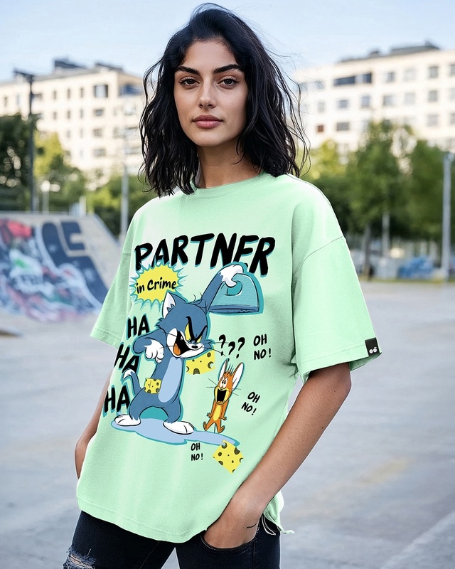 Shop Women's Bird Egg Green Partner In Crime Graphic Printed Oversized T-shirt-Front