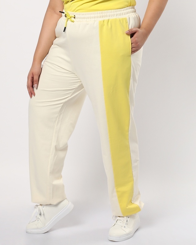Shop Women's Birthday Yellow and White Plus Size Color Block Joggers-Front