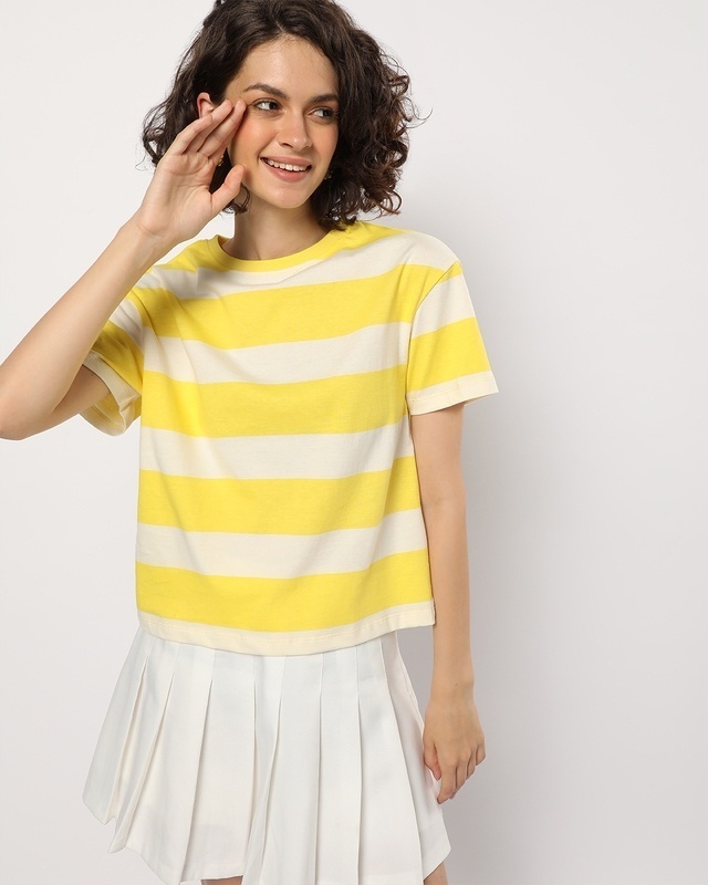 Shop Women's Birthday Yellow Striped Relaxed Fit Short Top-Front