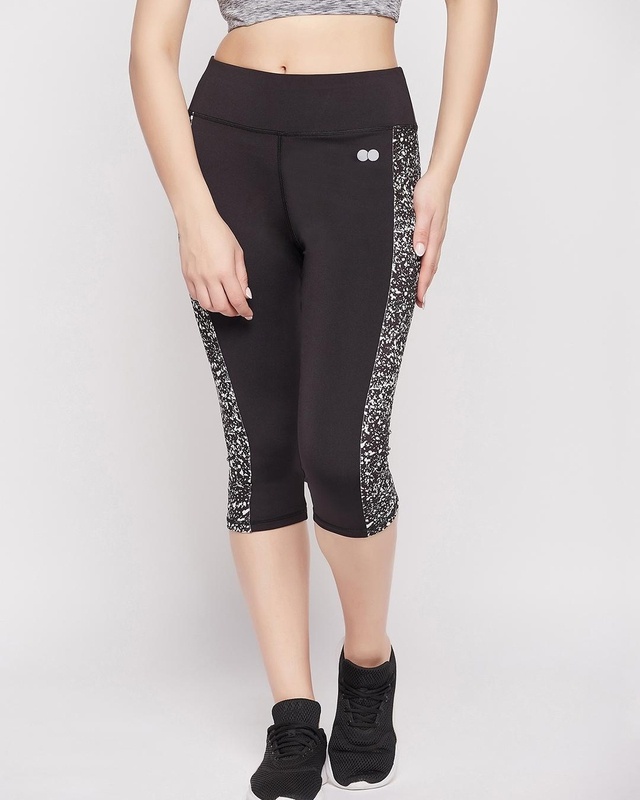 Shop Women's Black Abstract Printed Slim Fit Activewear Capri-Front