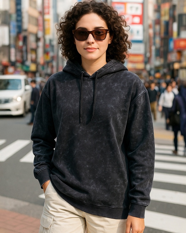 Shop Women's Black Acid Wash Oversized Hoodies-Front