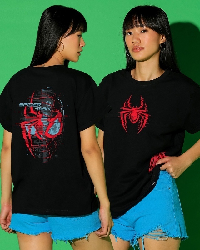 Shop Women's Black Across The Spiderverse Graphic Printed Boyfriend T-shirt-Front