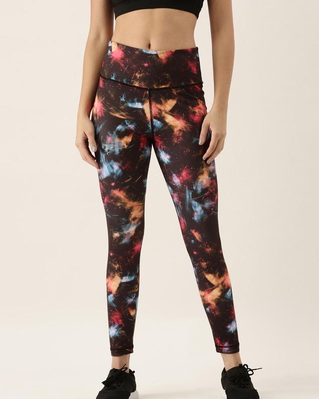 Shop Women's Black All Over Galaxy Printed Skinny Fit Tights-Front