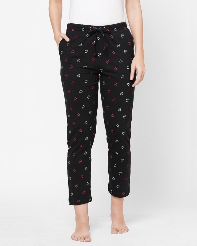 Shop Women's Black All Over Heart Printed Lounge Pants-Front