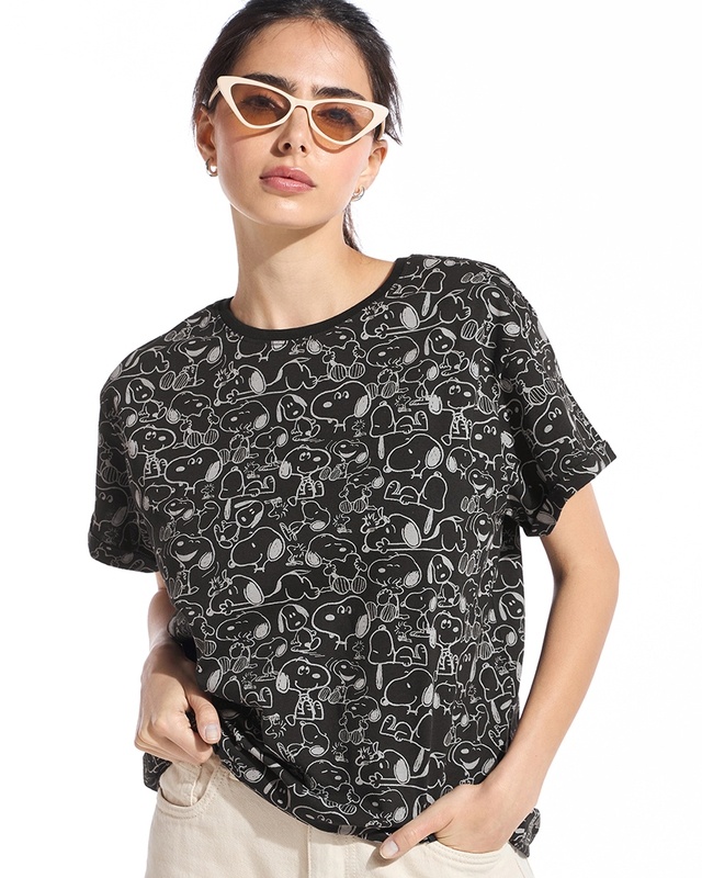 Shop Women's Black All Over Printed Boyfriend T-shirt-Front