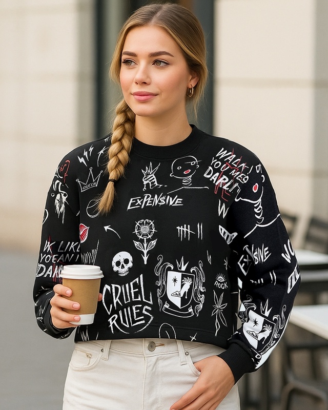 Shop Women's Black All Over Printed Oversized Cropped Sweatshirt-Front