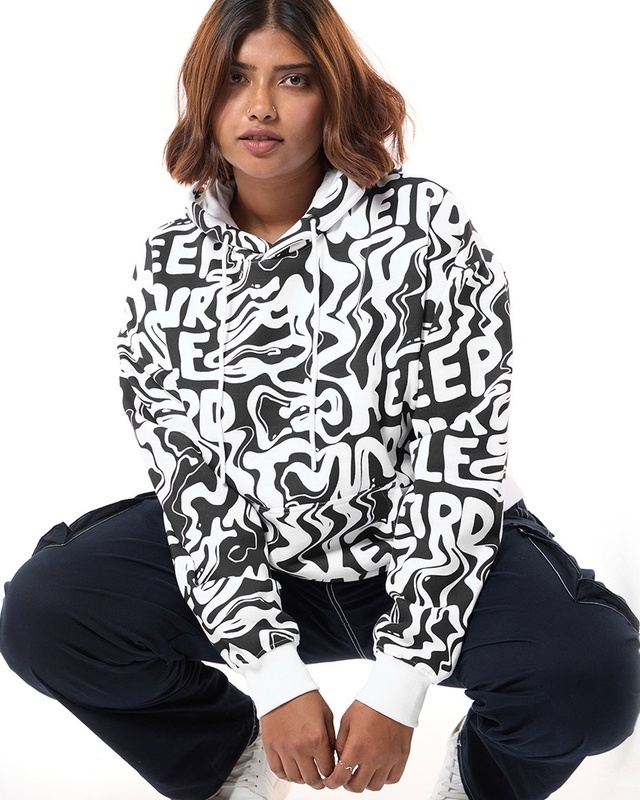 Shop Women's Black & White All Over Printed Oversized Plus Size Hoodies-Front