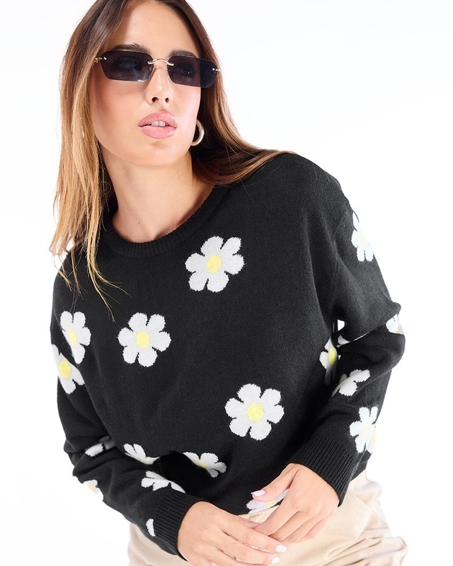 Shop Women's Black All Over Printed Oversized Sweater-Front