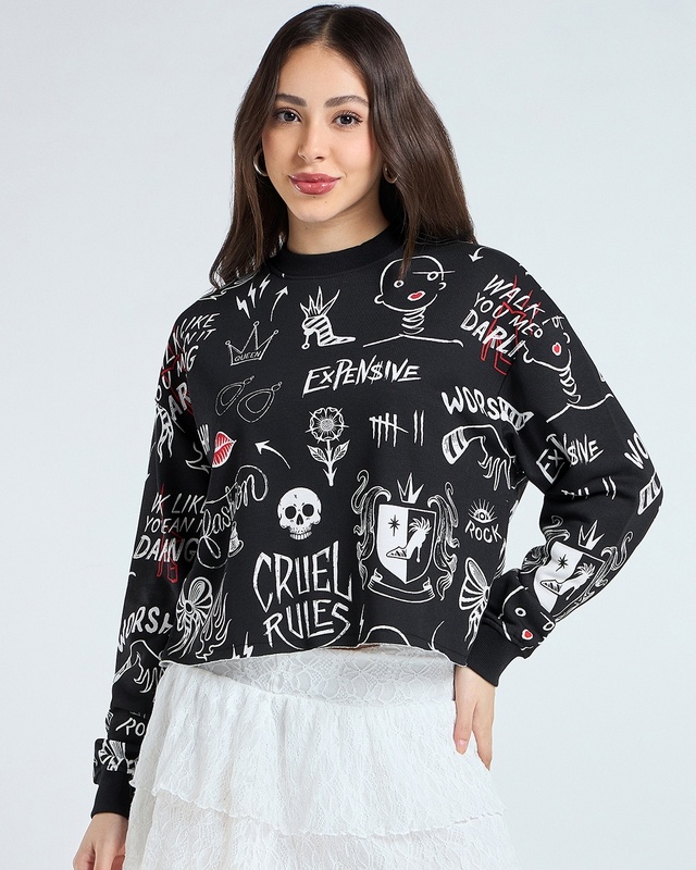 Shop Women's Black All Over Printed Oversized Cropped Sweatshirt-Front