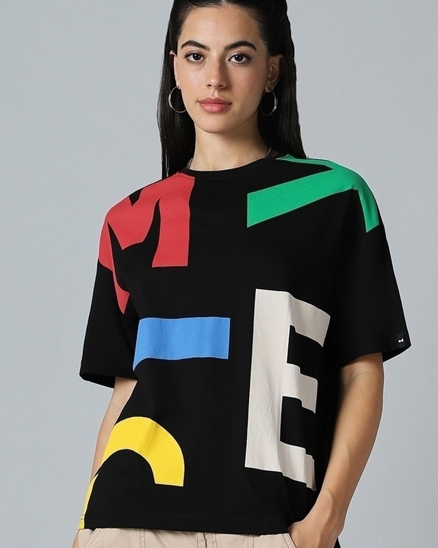 Shop Women's Black All Over Printed Oversized T-shirt-Front