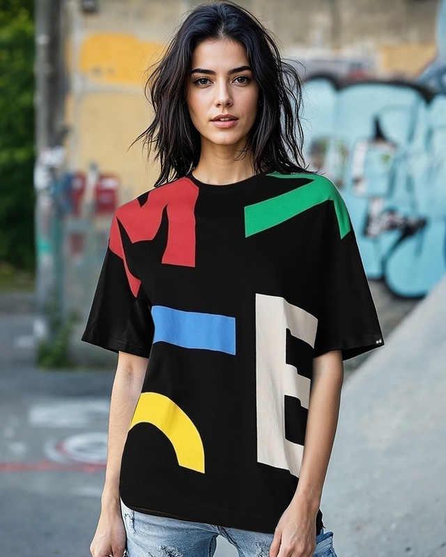 Shop Women's Black All Over Printed Oversized T-shirt-Front