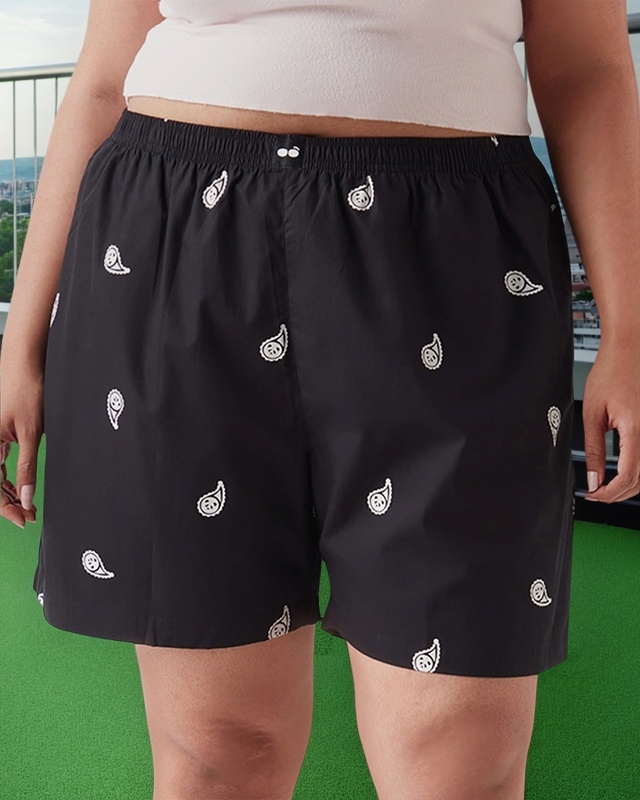 Shop Women's Black All Over Printed Plus Size Boxer Shorts-Front