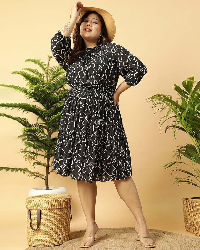 Shop Women's Black All Over Printed Plus Size Dress-Front