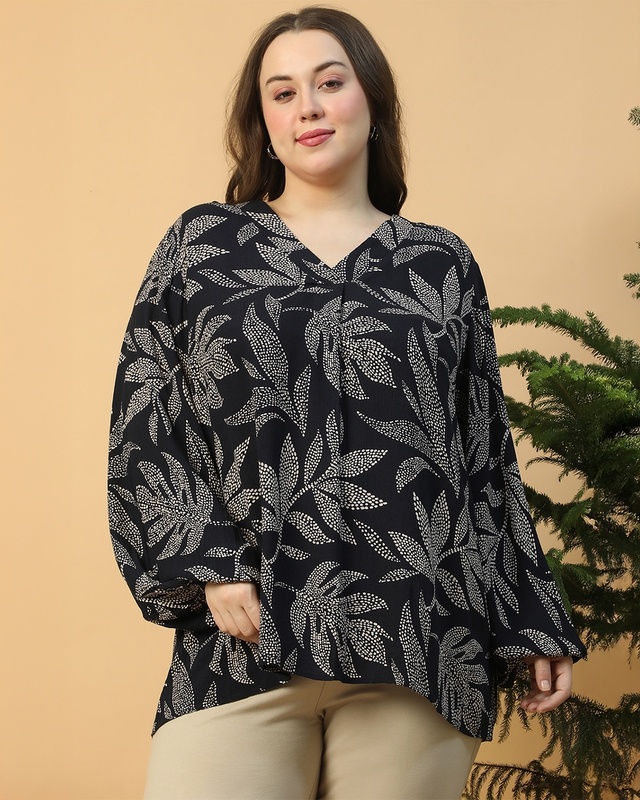 Shop Women's Black & White All Over Leafy Printed Plus Size Top-Front