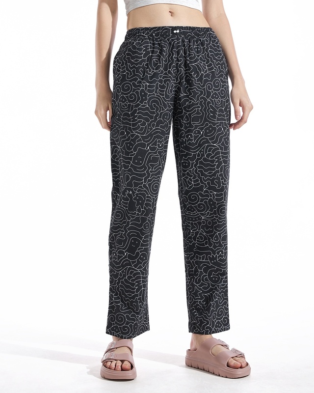 Shop Women's Black All Over Printed Pyjamas-Front