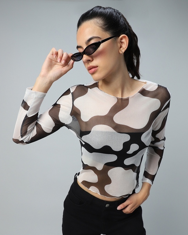 Shop Women's Black & White All Over Printed Slim Fit Short Top-Front