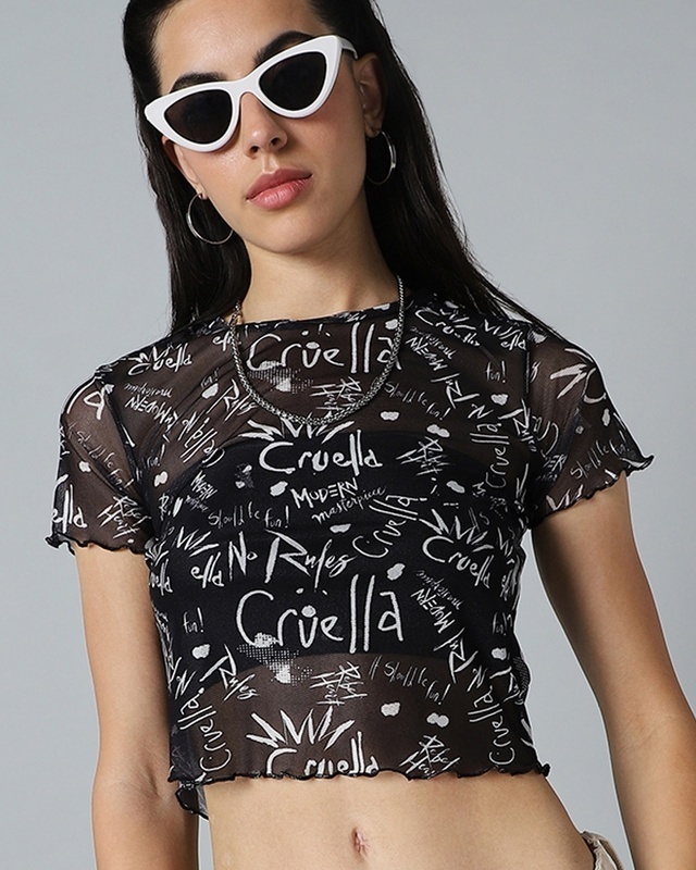 Shop Women's Black All Over Printed Slim Fit Short Top-Front