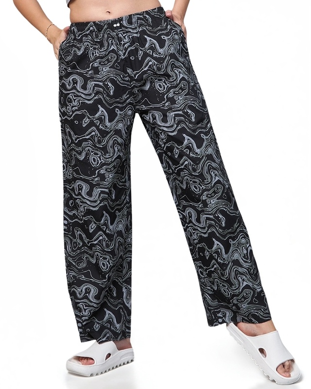 Shop Women's Black All Over Printed Wide Leg Pyjamas-Front