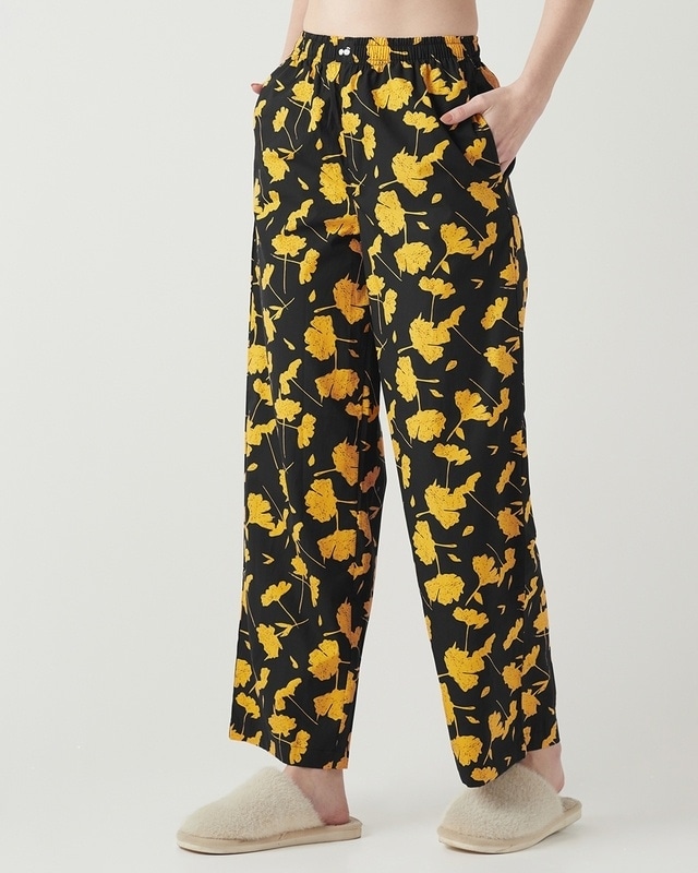 Shop Women's Black All Over Printed Wide Leg Pyjamas-Front