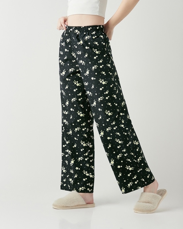 Shop Women's Black All Over Printed Wide Leg Pyjamas-Front