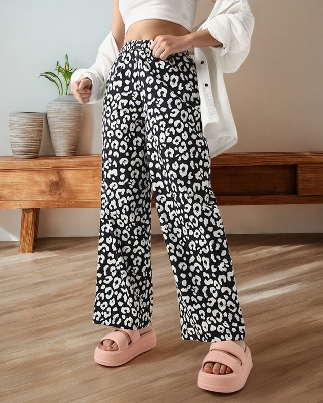 Shop Women's Black All Over Printed Wide Leg Pyjamas-Front