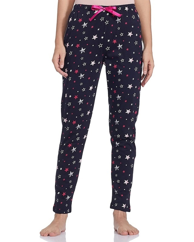 Shop Women's Black All Over Star Printed Cotton Pyjamas-Front