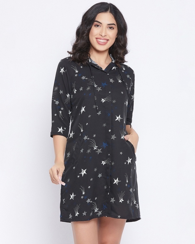 Shop Women's Black All Over Star Printed Night Dress-Front