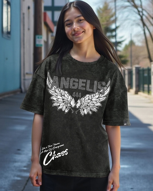 Shop Women's Black Angel Is Graphic Printed Oversized Acid Wash T-shirt-Front