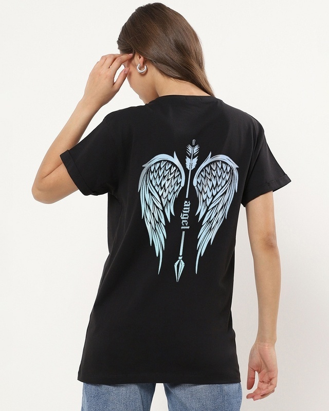 Shop Women's Black Angel Wings Graphic Printed Boyfriend T-shirt-Front